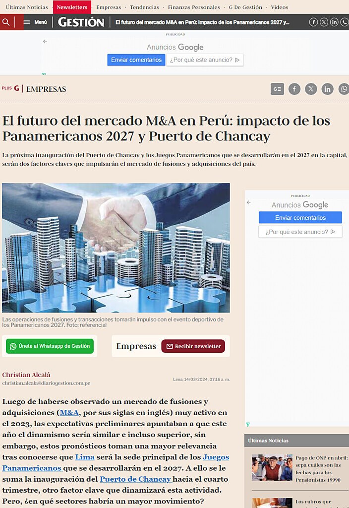 El futuro del mercado M&A en Per: impacto de los Panamericanos 2027 y Puerto de Chancay